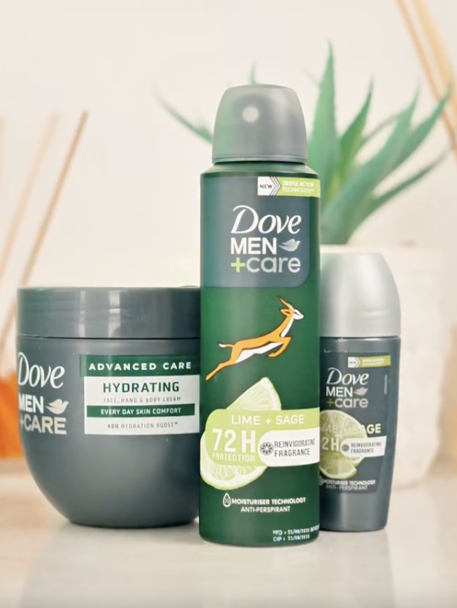 Dove Men+Care Lime + Sage product range including anti-perspirant, moisturiser cream and roll-on